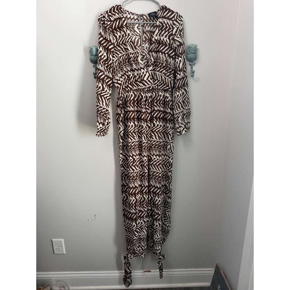 NWT Milk & Honey Brown Chevron Jumpsuit Long Sleeve Surplice Wrap V-Neck XS